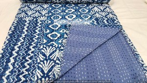 <b>Handmade</b> Indian Floral Kantha <b>Quilt</b> 100% Cotton Block Printed Indigo Blue Kantha <b>Quilt</b> Indigo Blue Cotton Kantha <b>Quilt</b> Indian - Product Image 4