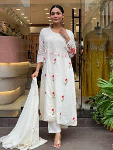 Ensemble haut brodé en soie Chanderi pure avec pantalon palazzo et dupatta, travail de sequins de 3 mm, manches fantaisie, pour femme - Product Image 4