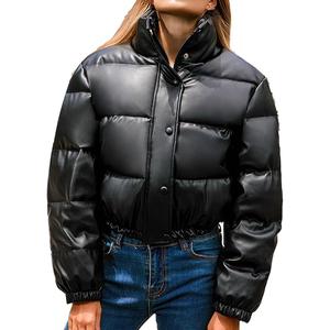 Veste matelassée en cuir de mouton véritable pour femme, manteau d'hiver court matelassé noir avec col montant et taille élastique - Product Image 2
