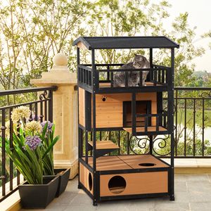 Maison pour chat en bois d'extérieur avec plateforme de saut jaune, abri pour chats errants, condo pour chatons, portes d'évasion et toit en asphalte - Product Image 1