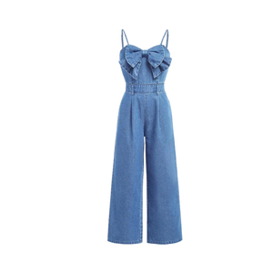 Mono vaquero de mujer con lazo, cuello halter, pierna ancha, cintura alta, atuendo casual de verano - Product Image 4