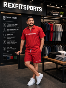 REXFIT SPORTS 2026 Custom Mens Red Nylon <b>Shirt</b> and Shorts Set Half <b>Zip</b> Lightweight Breathable Gym Training Sportswear - Product Image 4