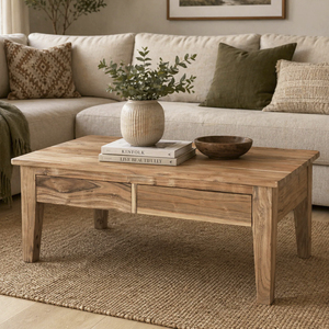Table basse rustique en bois d'acacia massif avec 2 tiroirs de rangement, meubles de salon modernes, finition naturelle, décoration écologique pour la maison - Product Image 1