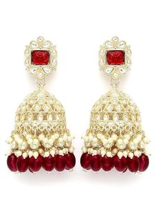 Pendientes Jhumka Étnicos Hechos a Mano de Aleación de Zinc con Piedra Roja y Perlas para Boda - Product Image 5