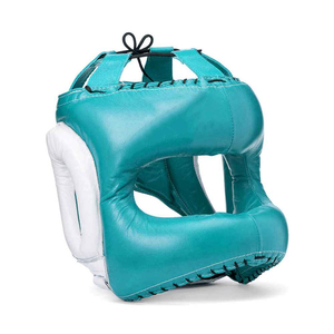 Protège-tête de boxe en cuir PU bleu sarcelle de haute qualité avec protection auriculaire blanche et fermeture réglable pour adultes 2026 - Product Image 1