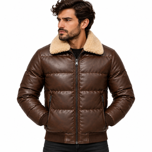 Blouson aviateur en cuir marron pour homme, doublure respirante, coupe-vent, fermeture éclair écologique, col rabattable, style moto, hiver - Product Image 3