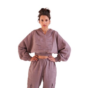 <b>Women's</b> Oversized <b>Linen</b> Hoodie Crop <b>Top</b> With Batwing Sleeves And Pockets Spring Breathable Solid Color Streetwear Pullover - Product Image 1