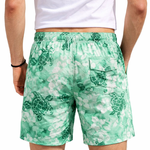 Short de bain décontracté pour homme à séchage rapide, imprimé floral tortue verte, avec cordon de serrage, taille mi-haute, longueur courte - Product Image 2
