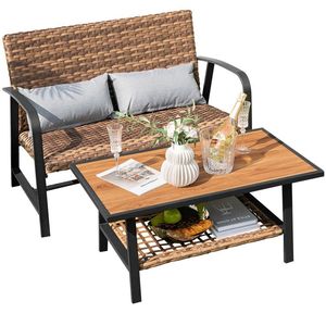 2-Piece Patio Rattan <b>Garden</b> Set Quick Dry Cushion <b>Coffee</b> <b>Table</b> with Shelf - Product Image 4