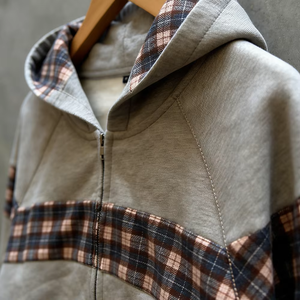 Vêtements personnalisés en coton lourd, patchwork, couleur contrastée, plaid, sweat à capuche court pour hommes - Product Image 2