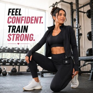 3 Piece Womens <b>Workout</b> Set – Sports Bra, Jacket & High-Waist <b>Leggings</b> Yoga Set Top seam less black <b>with</b> <b>pockets</b> - Product Image 2