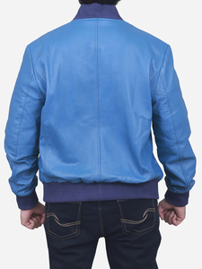 Veste bomber en cuir bleu véritable pour homme, personnalisée, style streetwear, broderie 3D, veste tendance - Product Image 3
