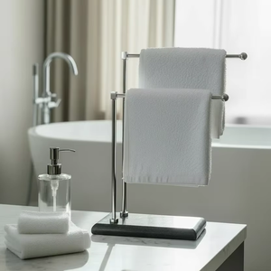 Porte-serviettes double bras en acier inoxydable moderne, support de comptoir, organisateur de salle de bain, compact, durable, structure minimaliste et élégante - Product Image 1