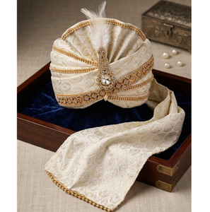 Turban de marié Safa en soie ivoire pré-noué avec plumes Kalgi, brocart perlé doré, Pagri de créateur pour mariage, vente en gros - Product Image 2