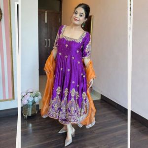 Royal Heavy Silk Zari <b>Sequins</b> Embroidered Gown <b>Pant</b> Set With Organza Dupatta featuring exquisite Zari Embroidery - Product Image 1