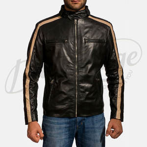 Veste en cuir véritable noire pour homme avec bandes de course beiges, veste de motard élégante, coupe ajustée, manteau d'hiver sportif en cuir véritable - Product Image 6