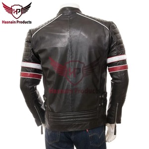 Chaqueta de Cuero Genuino Negra para Hombre con Rayas Rojas y Blancas, Estilo Biker Cafe Racer, Abrigo de Piel de Vacuno con Hombros Acolchados, Prenda Exterior Clásica Personalizada de Moda - Product Image 5