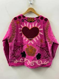 Manteau Bohème en Velours Rose Brodé à Manches Longues Col Rond Grande Taille Motif Floral Fait Main Vêtement d'Hiver pour Femmes - Product Image 2