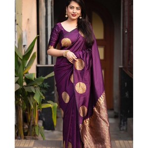TRADICIONAL BANARASI SEDA ZARI TEJIDO TRABAJO SAREE CON BLUSA DESCOSADA VINO - Product Image 1