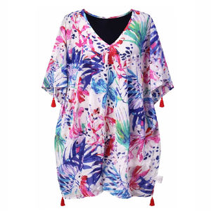 Vestido Kaftán Mini de Playa Bohemio Tejido de Algodón Estampado Ecológico con Cuello en V, Borlas y Diseño Asimétrico Transpirable - Fabricante - Product Image 1