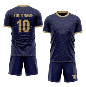 Customizable Navy Blue <b>Soccer</b> Jersey Set Gold Geometric Print 100% Polyester Men's Short Sleeve Uniform Breathable All Seasons - Product Image 1