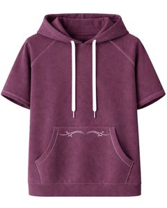 Haut à capuche violet à manches courtes pour homme, pull décontracté, t-shirt léger d'été, streetwear en mélange de coton avec poche kangourou - Product Image 1
