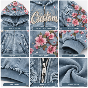 เสื้อฮู้ดซิปสีฟ้าอ่อนลายดอกไม้สไตล์วินเทจแฟชั่นสตรีทแวร์ พร้อมลายปักดอกไม้สีชมพู - Product Image 6
