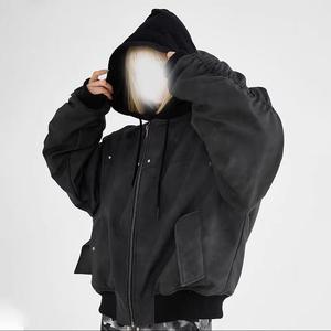 Blouson bomber unisexe noir en PU, à capuche, fermeture éclair, épais, coupe-vent, décontracté, pour l'hiver, longueur normale, couleur unie - Product Image 1