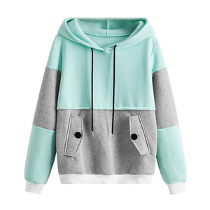 Sudadera con capucha de bloques de color para mujer, con bolsillos y cordón, estilo casual urbano, 240 gramos, frente 100% anti-bolitas - Product Image 1
