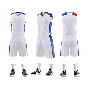ชุดเสื้อและกางเกงบาสเก็ตบอลแบบซับลิเมชั่นสั่งทำพิเศษ คอวี แขนกุด สีขาว น้ำเงิน แดง บล็อกสี สำหรับผู้ใหญ่ 男女  ซับเหงื่อได้ดี - Product Image 1