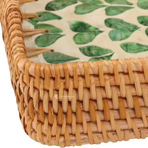 ถาดเสิร์ฟหวาย ถาดสี่เหลี่ยมฝังเปลือกหอย ถาดโมเสกเปลือกหอยมุกสีเขียวใบไม้ สำหรับตกแต่งโต๊ะกาแฟและโต๊ะเครื่องแป้ง - Product Image 2