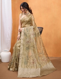 Sari de Seda Estampado, Listo para Usar, Sin Arrugas, Reversible, Estilo Bollywood (Dorado) para Fiestas y Eventos - Product Image 2