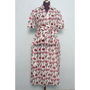 Nouvelle Robe d'été pour Femme, Design Vintage, Imprimé Floral, Manches Courtes, Coton, Longueur Midi, avec Ceinture, Vente en Gros et Fabrication - Product Image 1