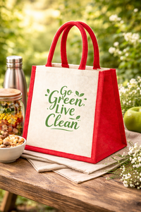 Bolsa de Yute Roja y Blanca de Moda con Frase Impresa, Bolsa de Compras Reutilizable Ecológica con Cierre Abierto y Asas - Product Image 2