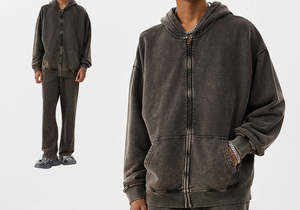 เสื้อฮู้ดซิปแบบย้อมสีเอซิดพร้อมโลโก้สั่งทำใหม่สำหรับผู้ชาย ราคาดีที่สุด MOQ ต่ำ - Product Image 3