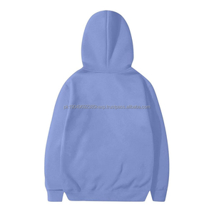 Sudadera con capucha de cuello alto de punto OEM para mujer, con hombros caídos y cremallera, Color azul sólido, sin cordón, con logotipo frontal, manga corta de invierno - Product Image 4