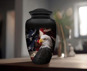 Urne funéraire décorative en métal avec drapeau américain et aigle chauve pour cendres humaines, couvercle sécurisé et durable, urne commémorative patriotique pour inhumation - Product Image 6