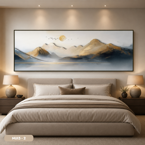 Impression sur soie de paysage minimaliste, scène de montagne avec soleil et oiseaux, cadre en bois, art d'intérieur NUI3-2, origine Vietnam, fabriqué en usine - Product Image 2