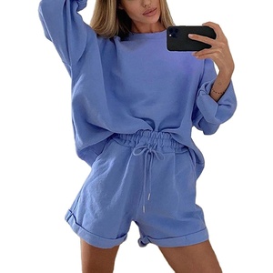 Custom 2 Piece Set Women Cotton Polyester Fleece Cotton <b>Light</b> Weight Relaxed Drop Shoulder Letter Graphic Pullover Shorts 2026 - Product Image 2