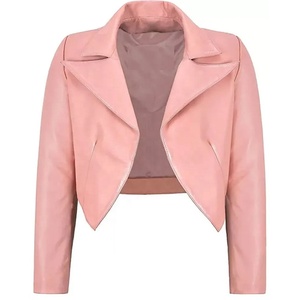 Chaqueta de cuero rosa para mujer, estilo motero, corte ajustado, para motocicleta, abrigo corto de color liso - Product Image 1