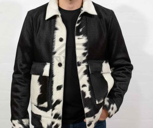 <b>Mens</b> Custom Genuine Cowhide Leather <b>Jacket</b> Black and <b>White</b> Animal Print Real Hair on Hide Winter Fashion Streetwear Outerwear - Product Image 1