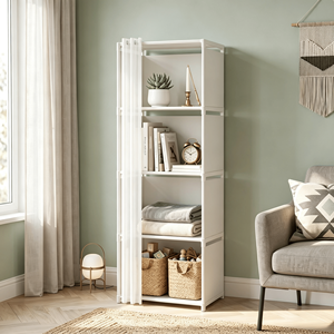 5-Tier Portable Wardrobe Closet with Curtain Silver Metal <b>Shelf</b> <b>Rack</b> White Fabric Panels & PEVA Curtain Freestanding - Product Image 4
