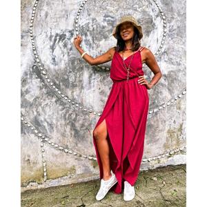 Robe longue maxi bohème rouge pour femme avec fente avant, sans manches, col en V, idéale pour l'été et les vacances à la plage - Product Image 3