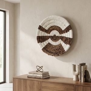 Panier mural en macramé en écorce de bananier naturelle, plateau peu profond rond à rayures géométriques en arc, décoration artistique pure pour aménagement de pièce, artisanat bohème - Product Image 6