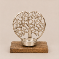 Support de bougie chauffe-plat en métal fait main Arbre de Vie avec base en bois massif rustique, écologique et durable, centre de table, décoration d'intérieur