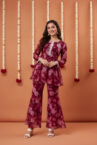 Ensemble indien pakistanais en georgette florale, manches longues, col rond, kurta sharara pour femmes, séchage rapide, toutes saisons, tenue ethnique festive - Product Image 4