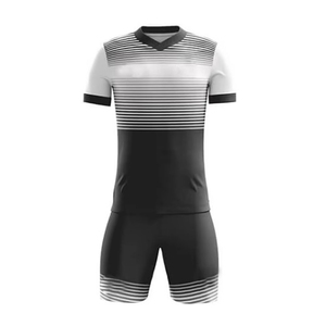 ชุดเสื้อฟุตบอลชายแบบกำหนดเอง ลายทางพิมพ์ลายแบบ Sublimation คอวี แขนสั้น ระบายเหงื่อได้ดี ทรงสปอร์ต เหมาะกับทุกฤดูกาล สำหรับผู้ใหญ่ - Product Image 1