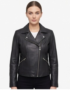 Chaqueta de Motociclista para Mujer, de Cuero de Oveja Genuino, Ecológica, Resistente al Viento, Negra Clásica, con Cierre Frontal Asimétrico Personalizado, para Invierno, Venta al Por Mayor - Product Image 1