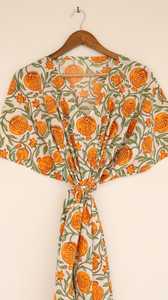 Hand Block Printed Orange Pomegranate Cotton <b>Kaftan</b> Dress Drawstring Waist Loungewear - Product Image 3