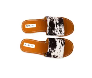 Real Handmade Genuine Women Western Stylish Cowhide Fur Leather Sandals Casual Outdoor Flipflops Flats Footwear Open Toes Sandal